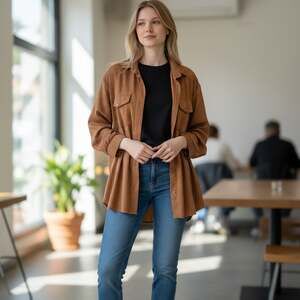 RIHOAS Oversized Brown Vertical Striped Button Down Shirt with Chest Pockets